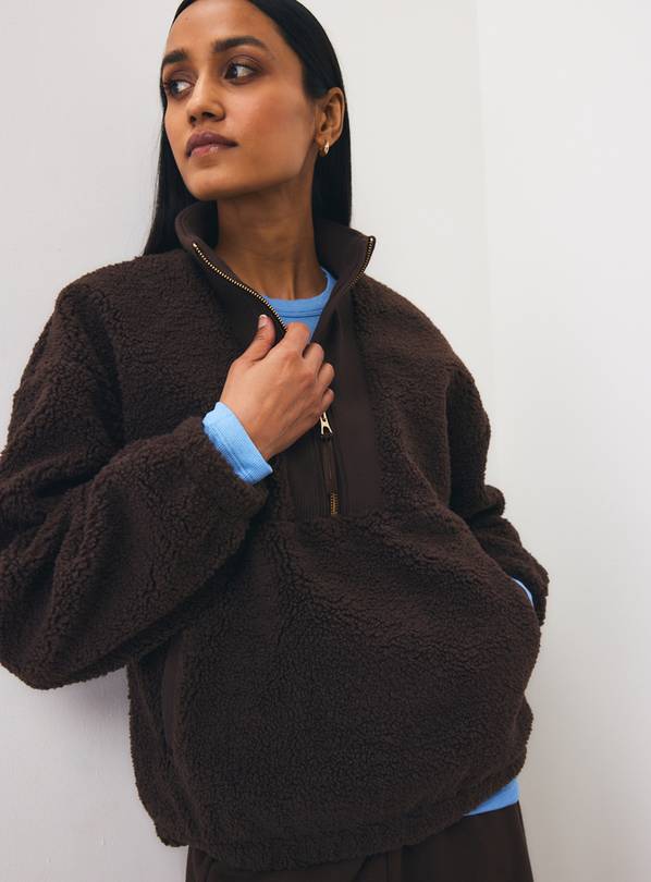 Dark Brown Borg Fleece Half-Zip Jacket XL